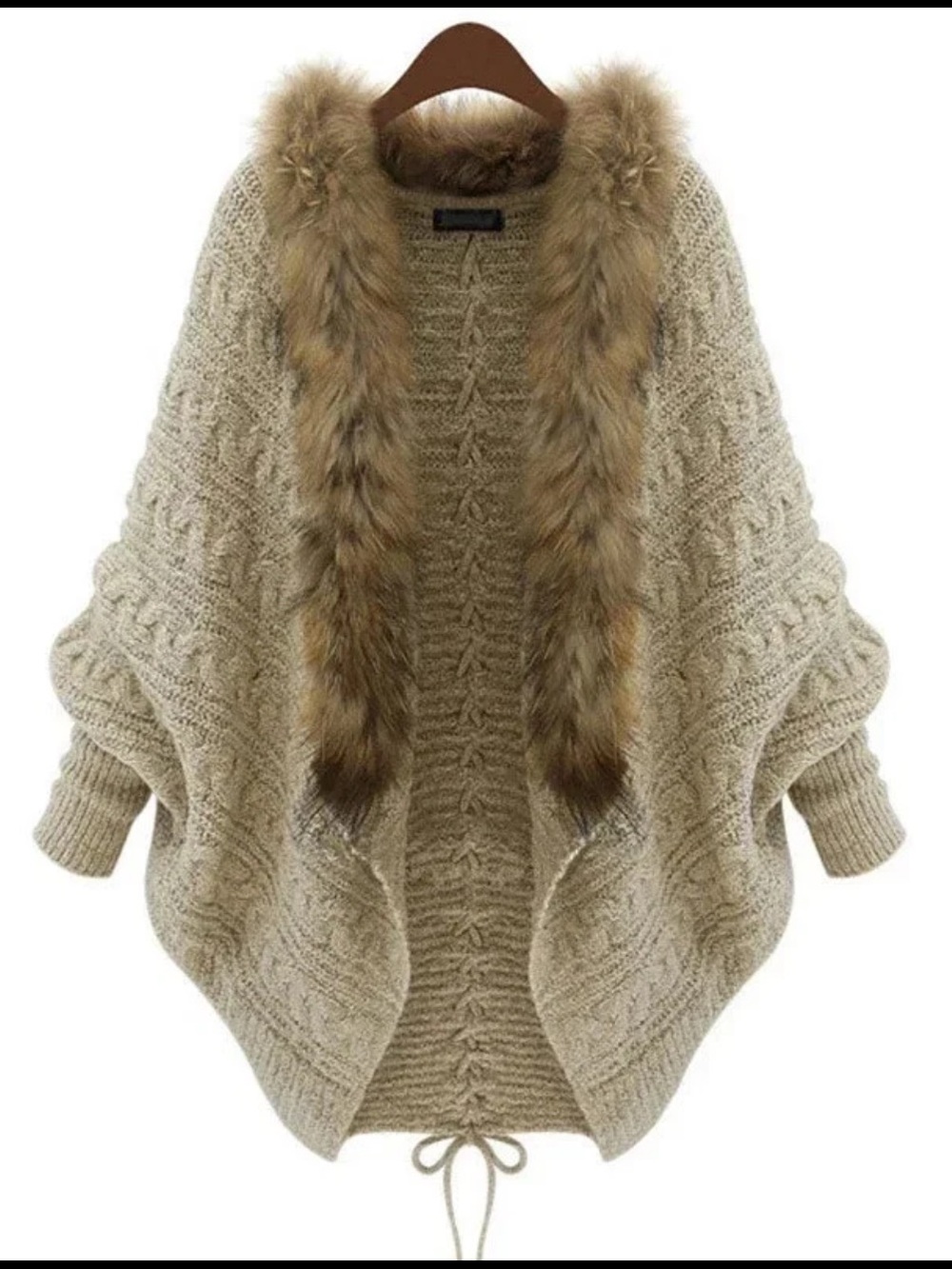 ANAMA M/L Faux Fur Trim Cable Knit Cardigan Sweater Boho Oversized Cream Slouchy